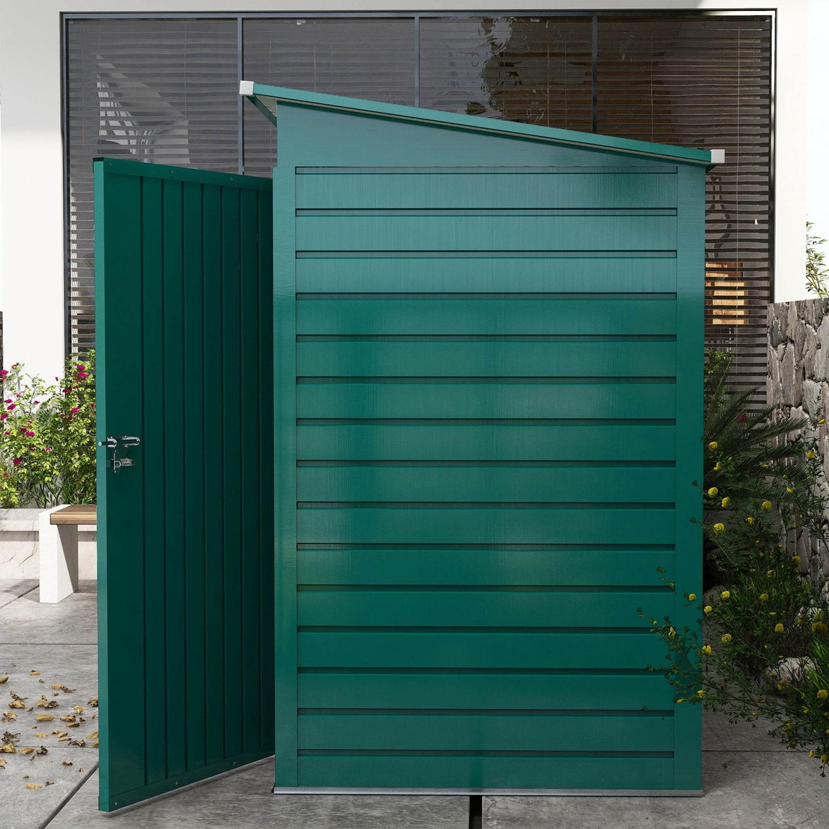 Green metal storage shed with double doors, panel siding, and gable-style roof