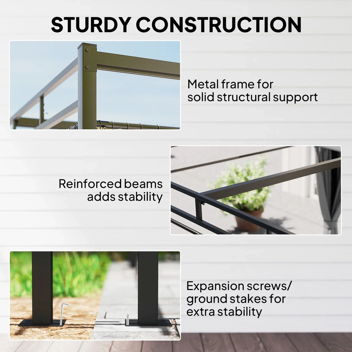 Outsunny dark grey metal pergola frame with reinforced beams and stabilizing supports