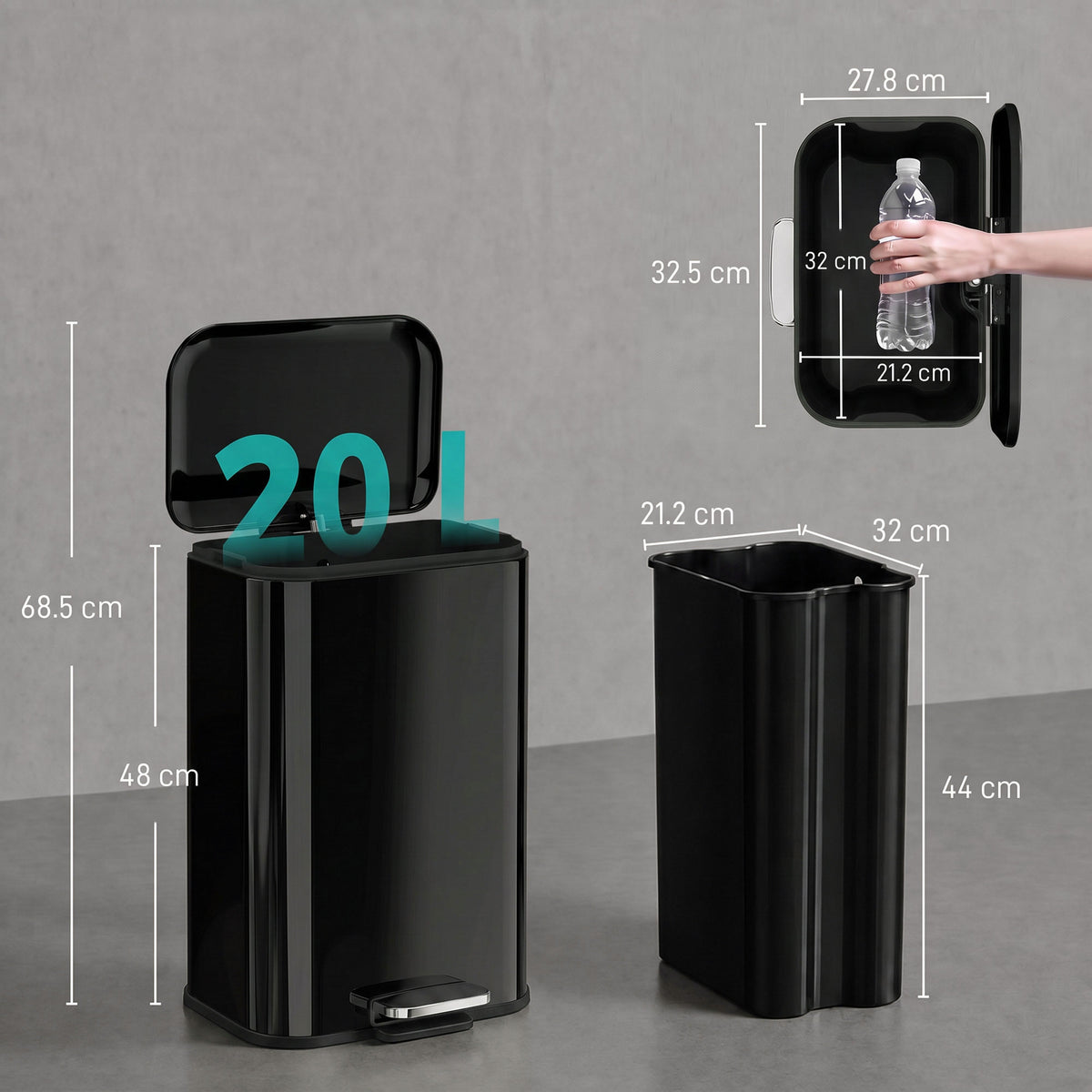 20L kitchen pedal bin with lid and inner bucket, size view, dark finish