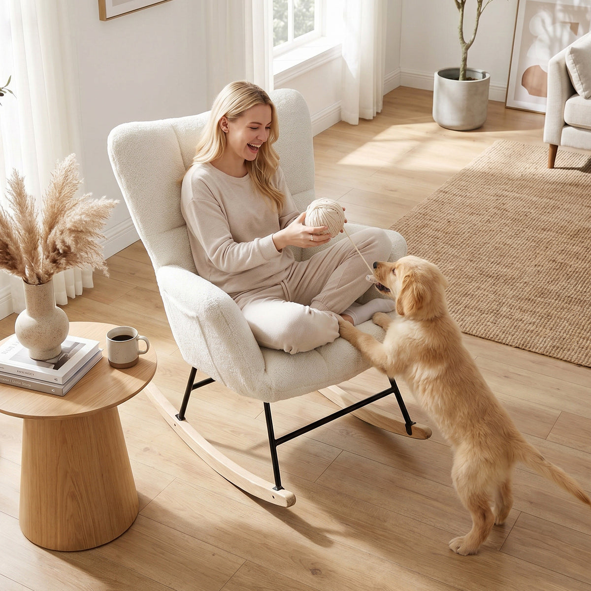 Cream rocking armchair with wingback backrest on a curved wooden rocker base