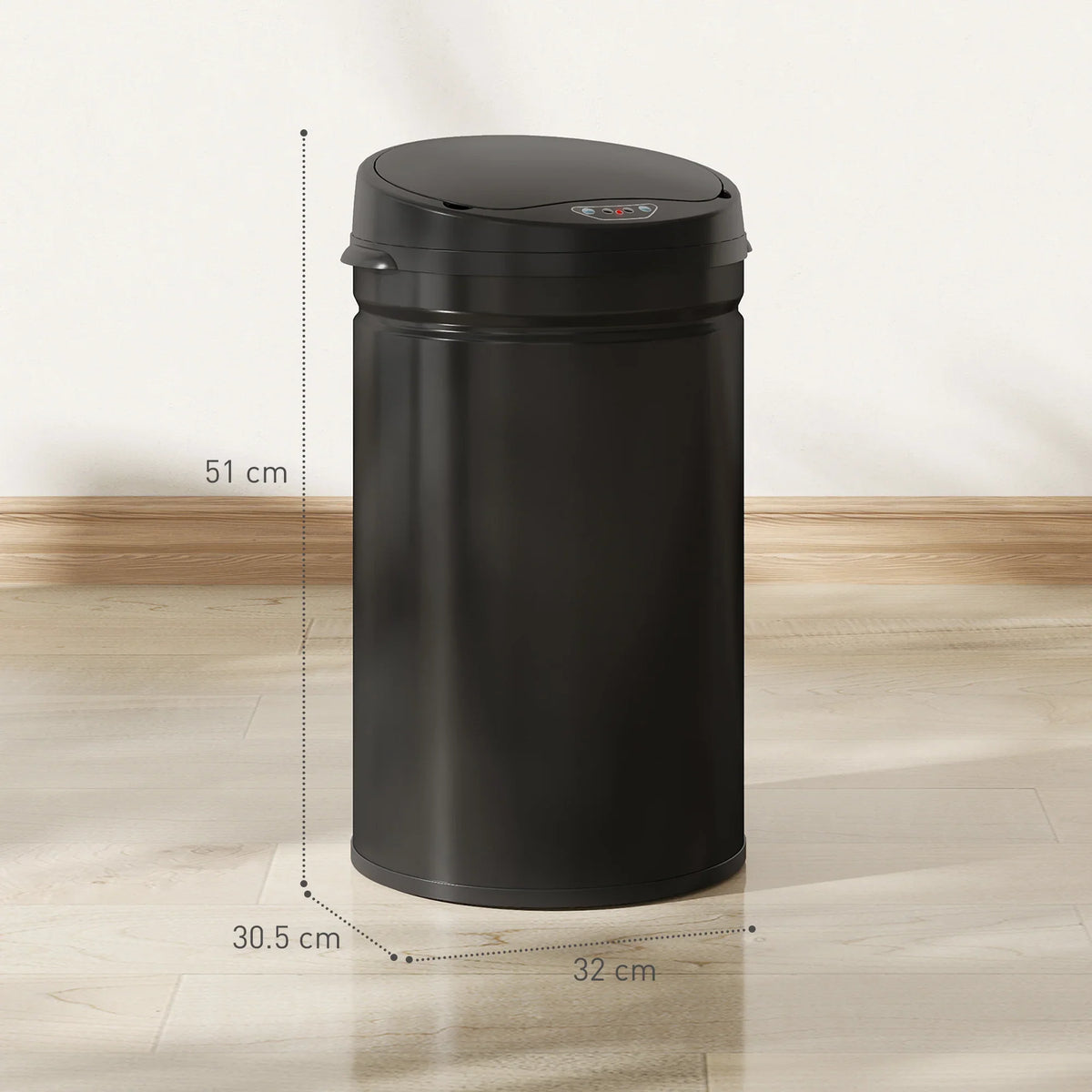 Black sensor trash can with closed lid, compact round profile and control panel