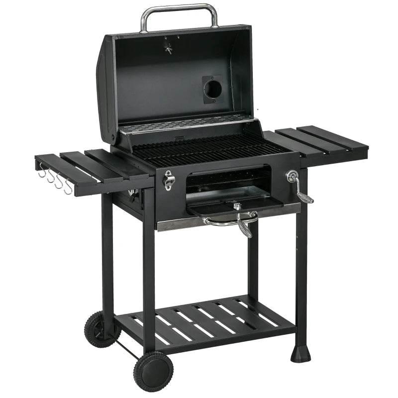 Charcoal BBQ grill with open lid, grilling grates, and warming area on the side