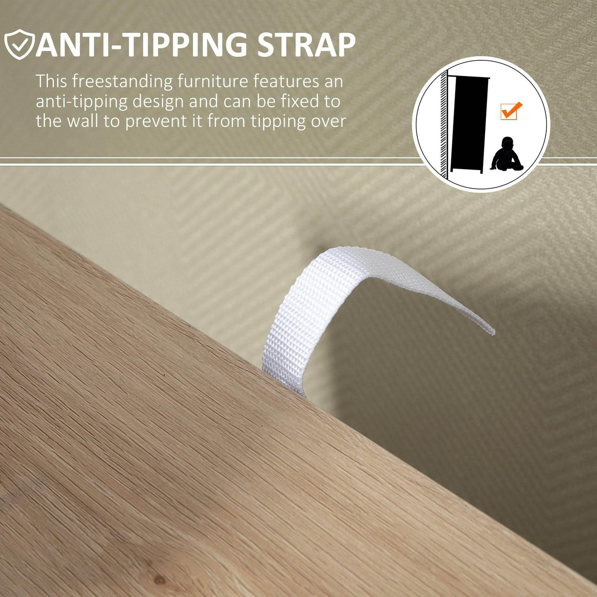 Anti-tip wall strap connection on the natural wood storage unit base