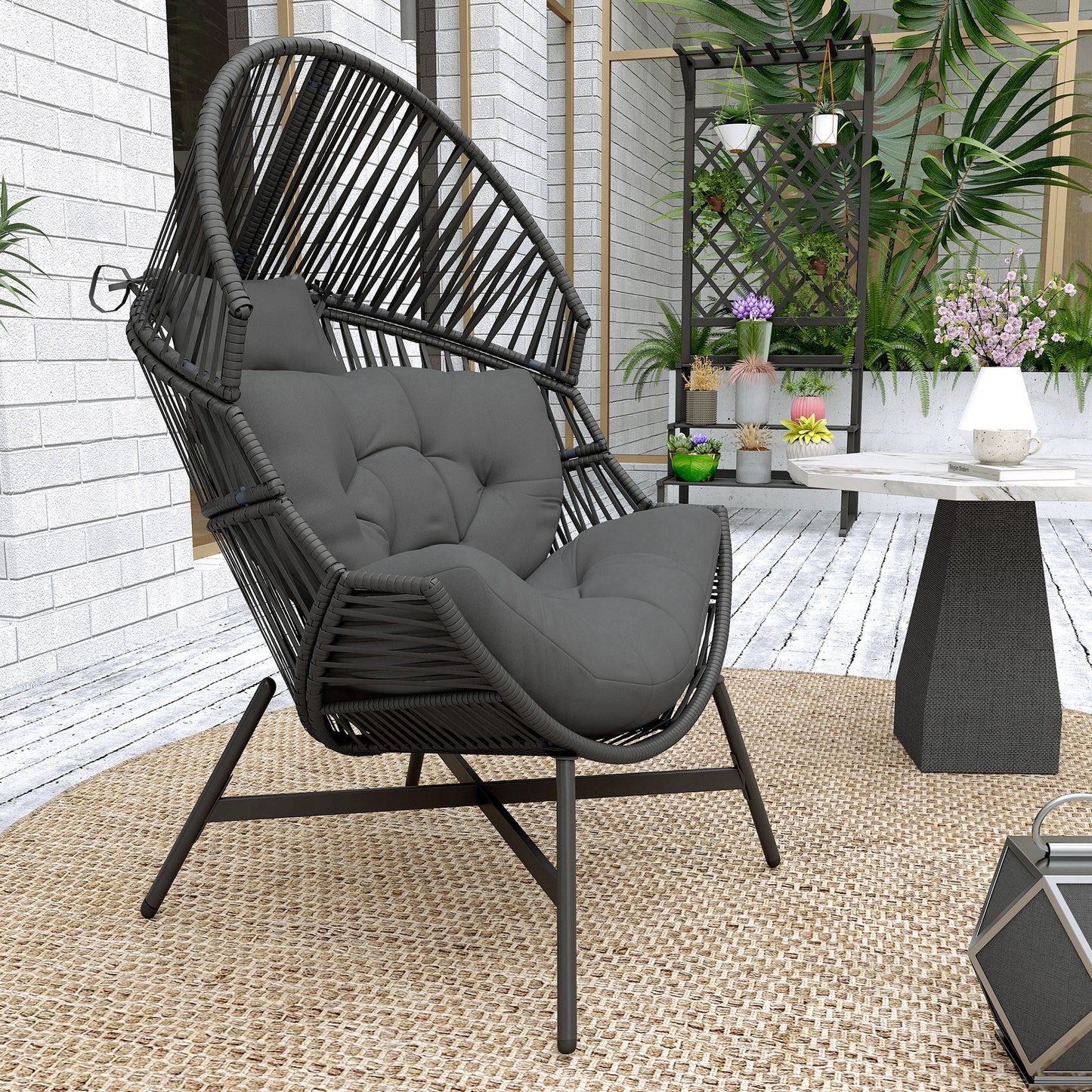 Outsunny Rattan Egg Chair Oversized Freestanding Garden Chair with Thick Tufted Cushion and Headrest Charcoal Grey