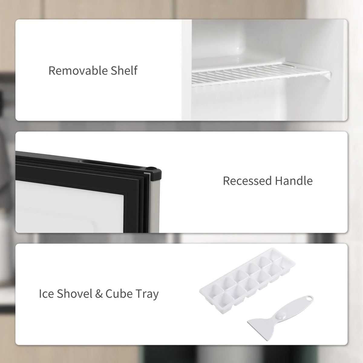 Mini freezer accessory view: removable shelf, recessed handle, ice shovel and cube tray