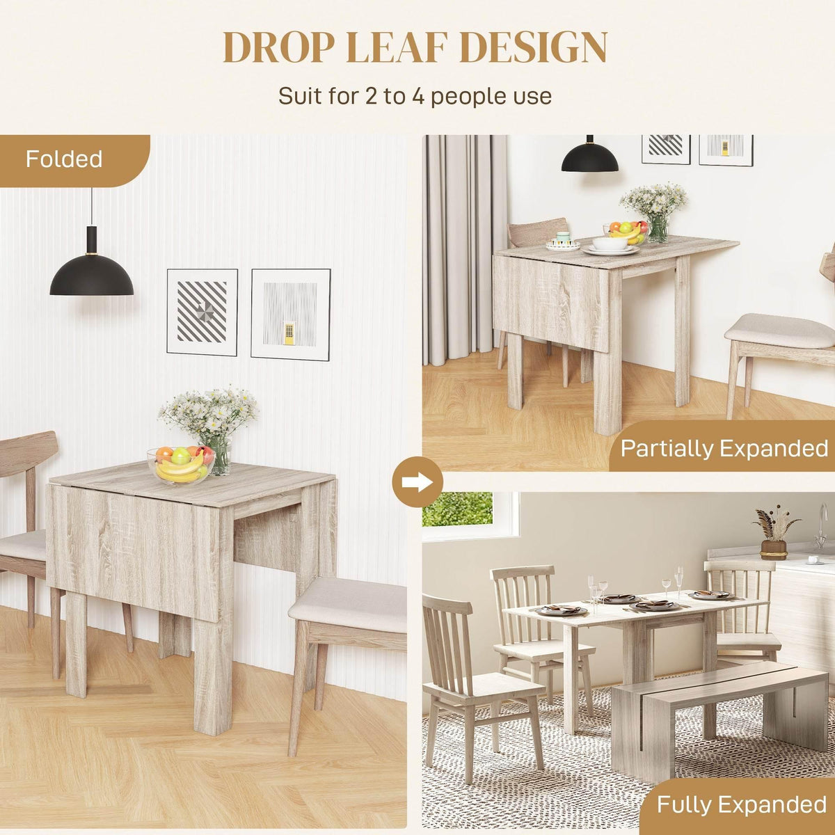Drop-leaf dining table with foldable leaves, shown folded and fully expanded