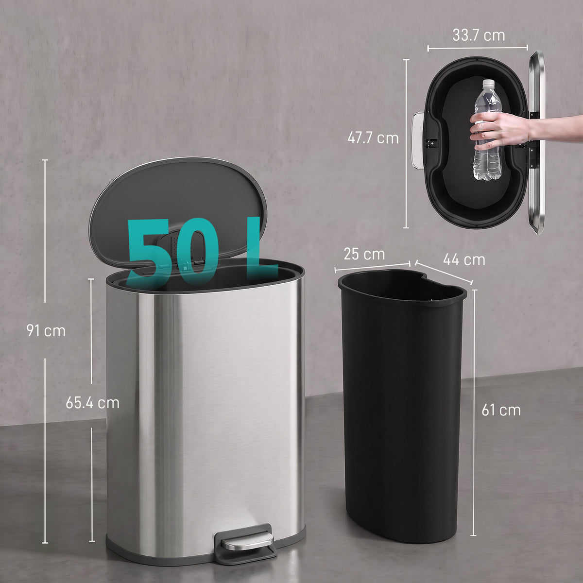 Stainless steel pedal bin with open lid, inner bucket shown from the side