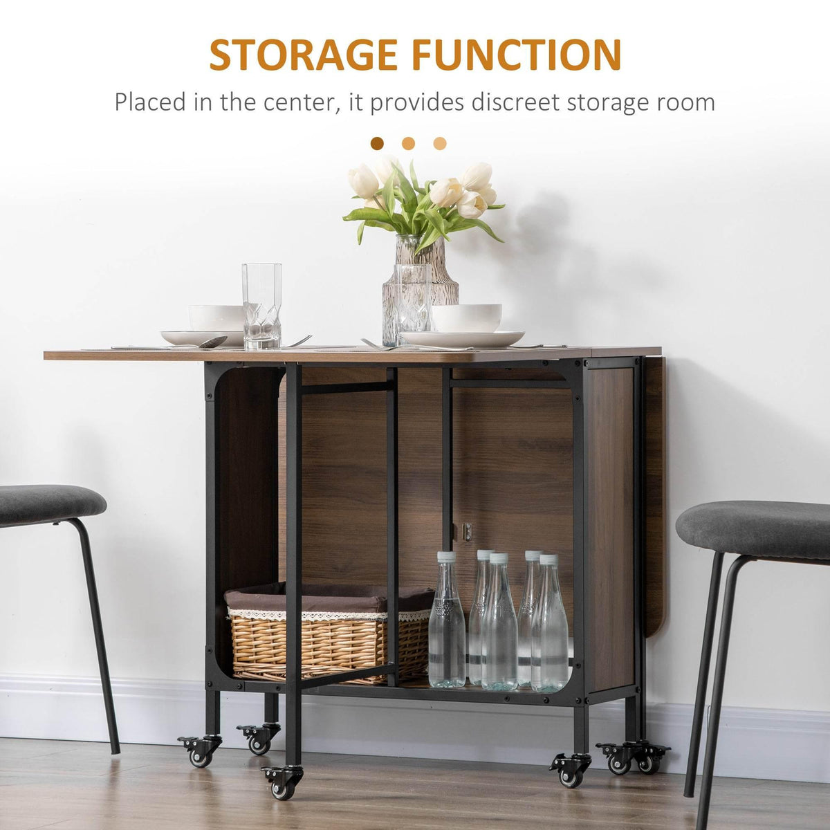 Dining table with built-in storage compartments, brown cabinet panels and glassware inside