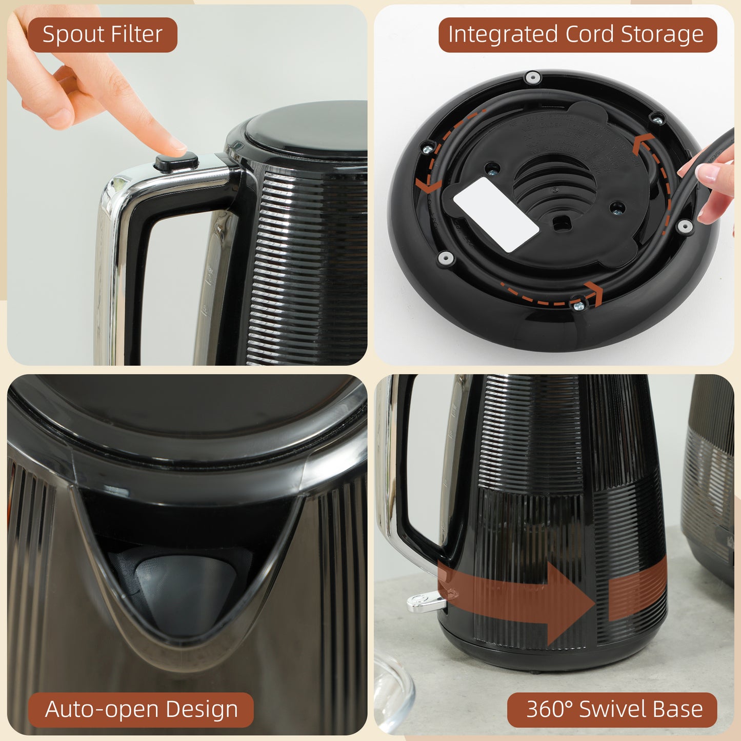 HOMCOM Kettle and Toaster 1.7L 3000W Fast Boil 2 Slice Toaster with 7 Browning Defrost Reheat Boil Dry Protection Black