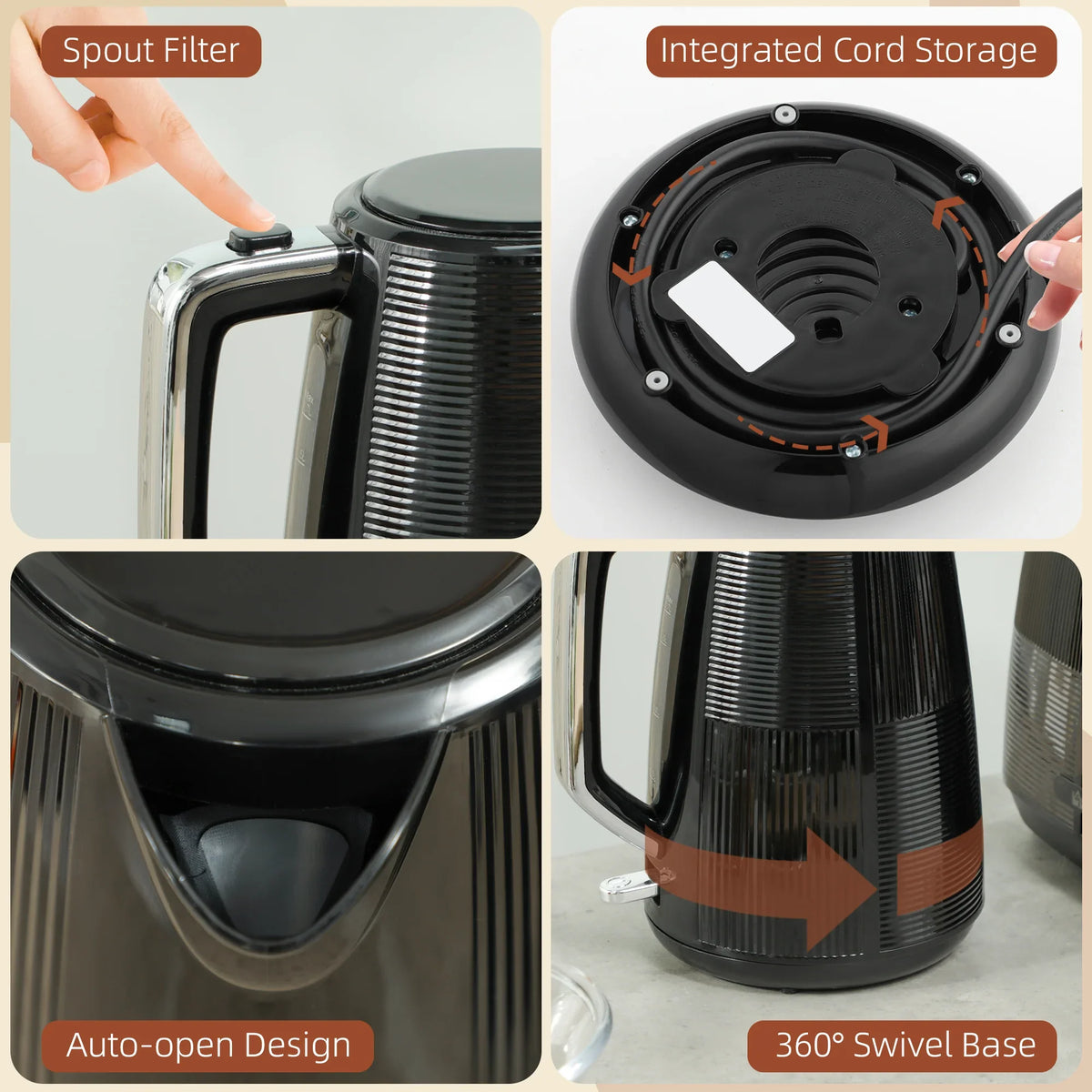 Black kettle spout filter and 360° swivel base, with close-up of toaster top