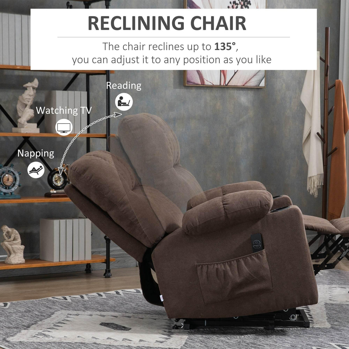 Dark brown reclining chair with adjustable back up to 135 degrees and side pocket.