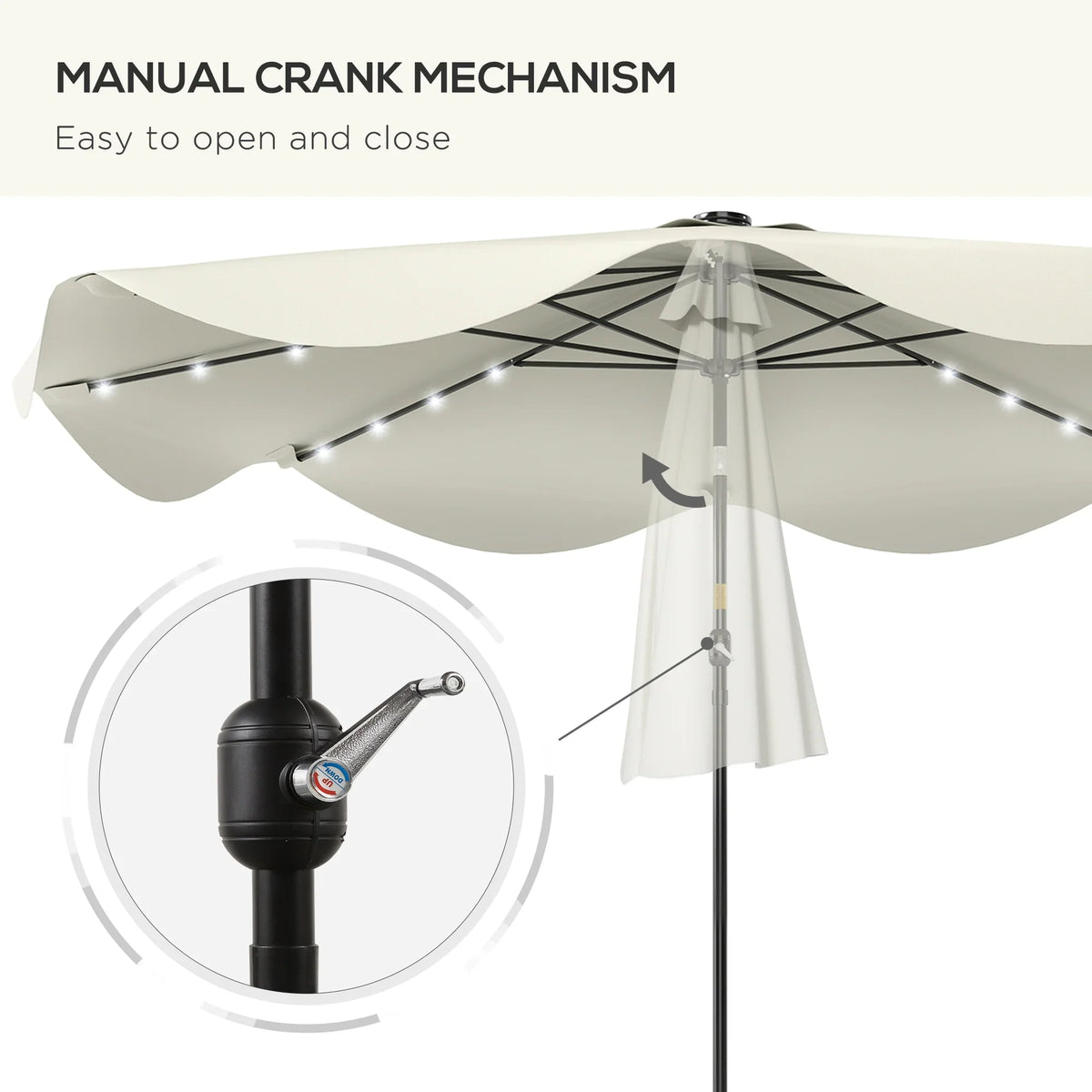 Patio umbrella manual crank mechanism on the black pole with LED lights