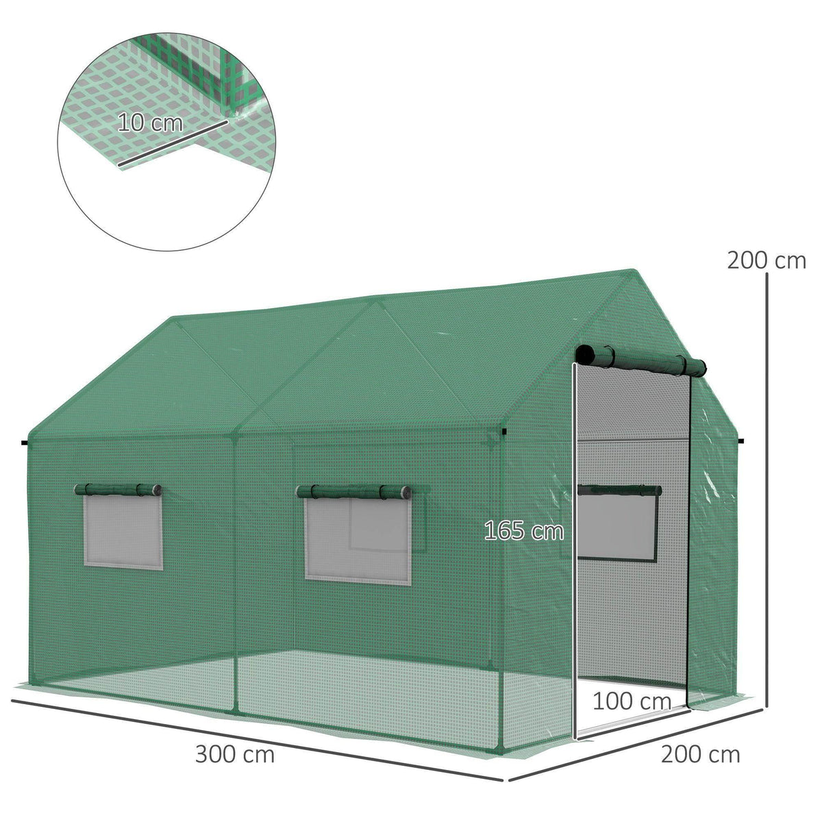Green walk-in greenhouse frame with roll-up door and mesh windows, size labeled