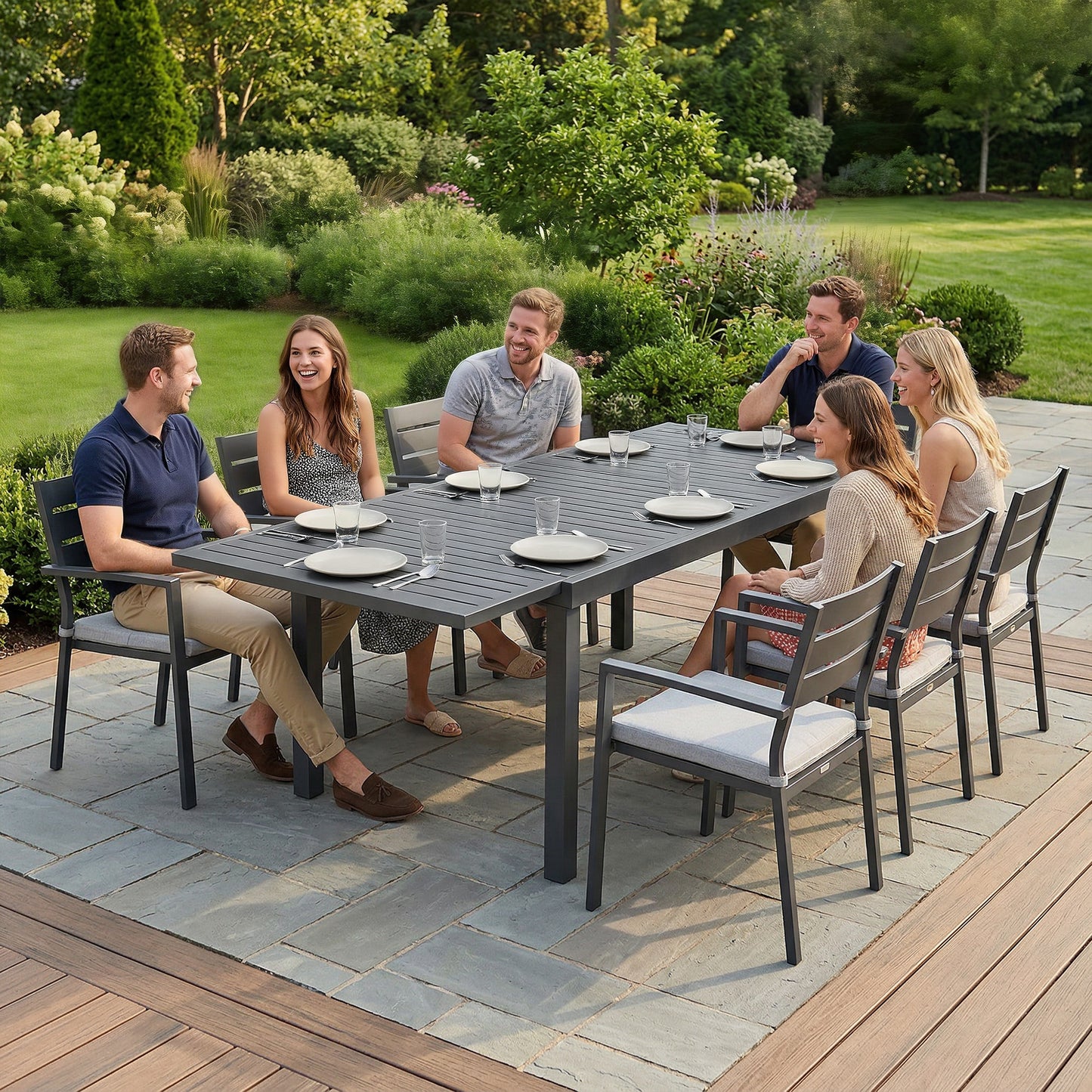 Outsunny Extending Aluminium Outdoor Dining Table For 6 To 8 People With Slatted Top Dark Grey