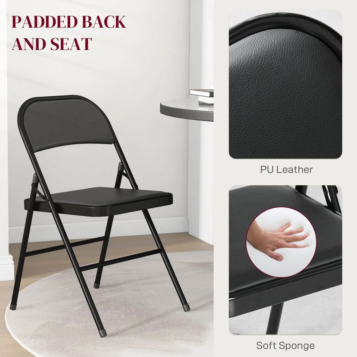 Folding chair with padded PU leather back and seat, soft cushioning detail