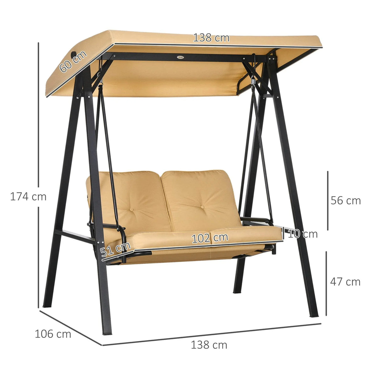 Beige swing bench with adjustable canopy, black A-frame legs, and padded two-seat cushion