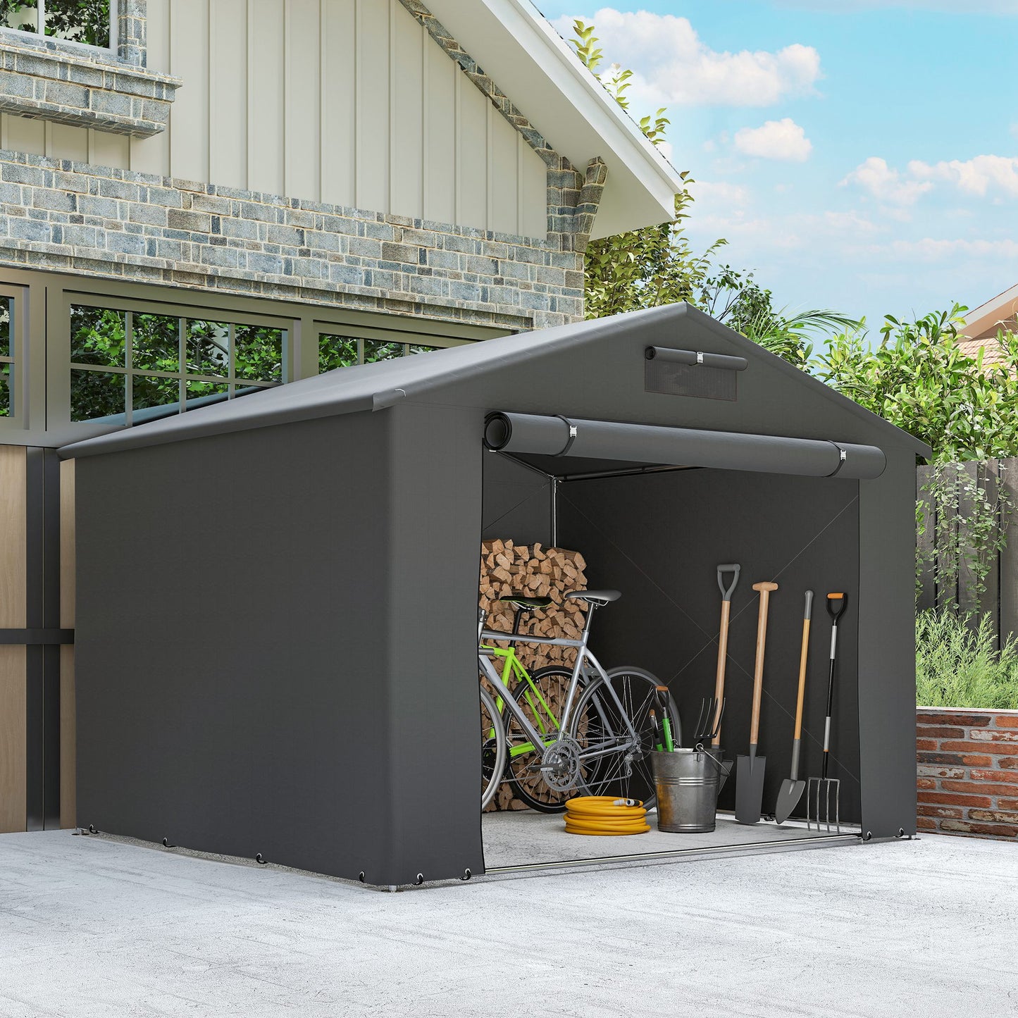 Outsunny 8 x 6 Ft Outdoor Garden Storage Shed Waterproof Bike Tent With Roll Up Zipper Door
