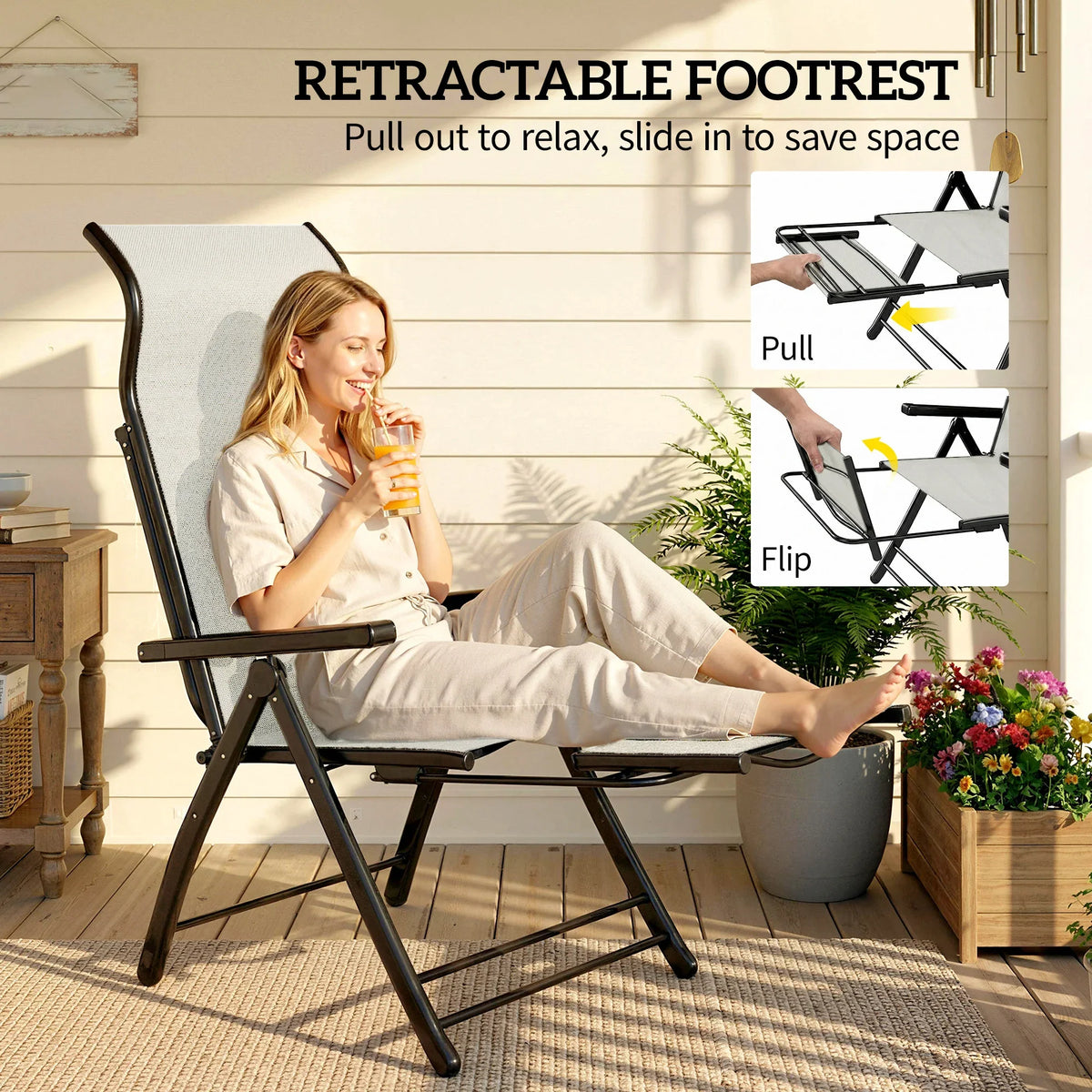 Sun lounger with retractable footrest, light grey seat and back, black steel frame