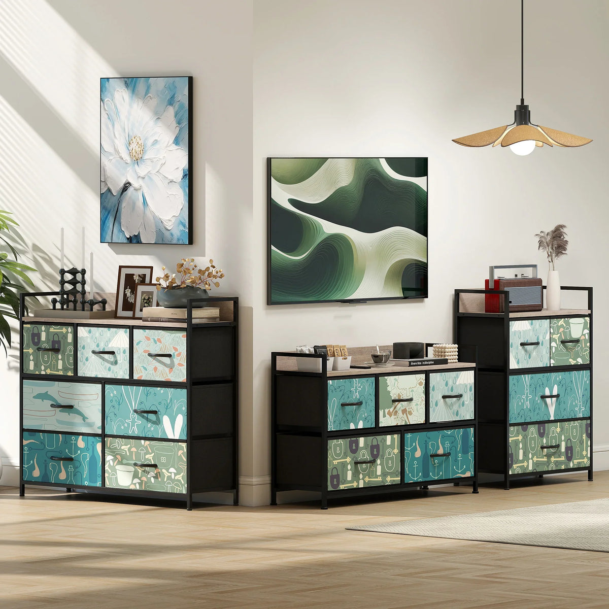 Blue patterned 4-drawer chest with black frame and wood-effect top