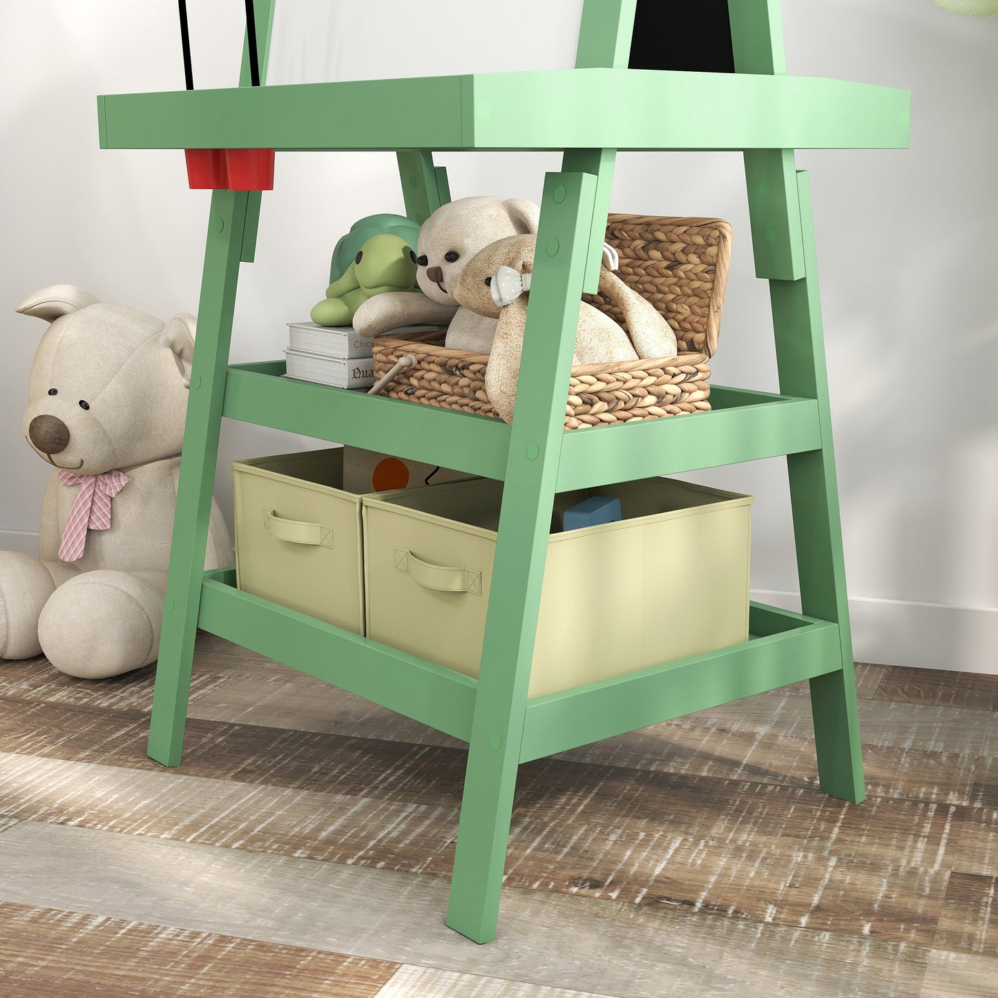 AIYAPLAY 3 In 1 Kids Easel Double Sided Magnetic Whiteboard And Chalkboard With Paper Roll Storage Baskets Green