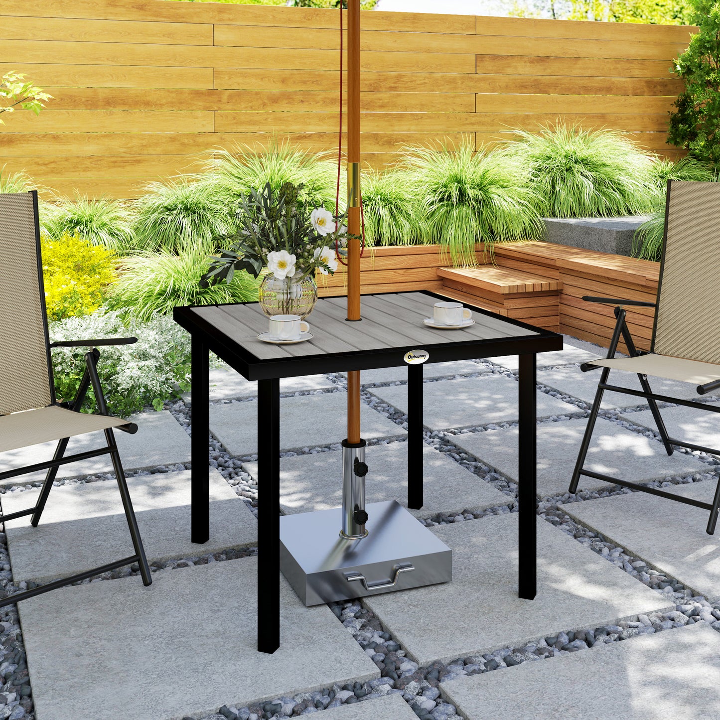 Outsunny Square Outdoor Garden Dining Table With Parasol Hole 54mm Slatted Top Metal Frame 86x86x71 Cm Light Grey