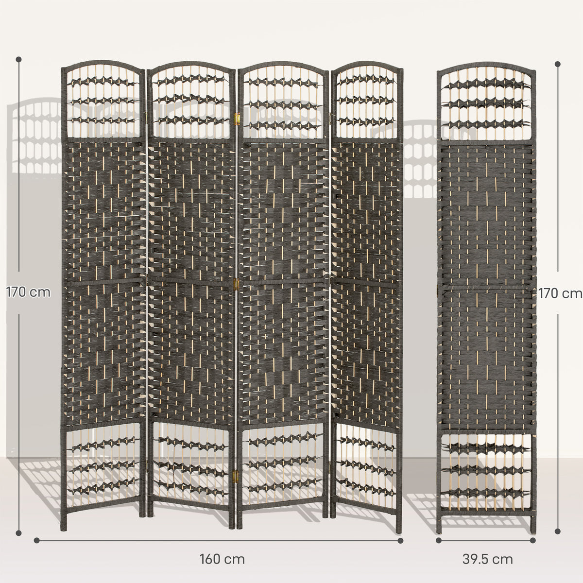 4-panel folding room divider in dark grey with woven pattern and pine wood frame