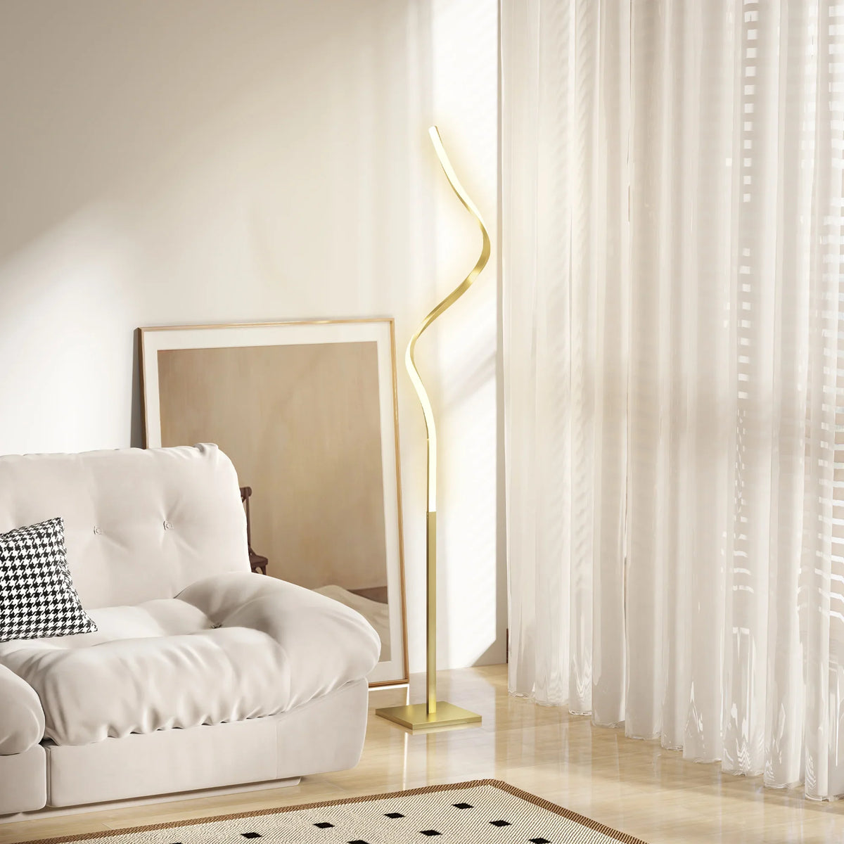 Gold spiral LED floor lamp with slim twisted light strip and rectangular base