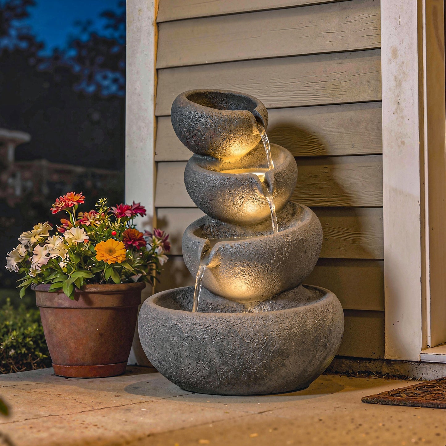 Outsunny 4 Tier Outdoor Water Fountain with LED Lights and Pump Freestanding Resin Waterfall for Patio
