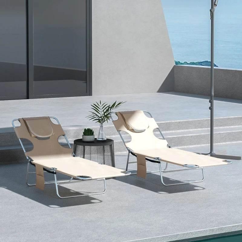 Beige foldable sun lounger set of 2 with adjustable backrest and pillow headrest