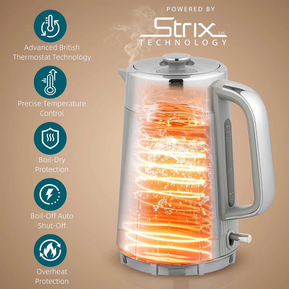Stainless electric kettle with grey body, shown with glowing heating interior
