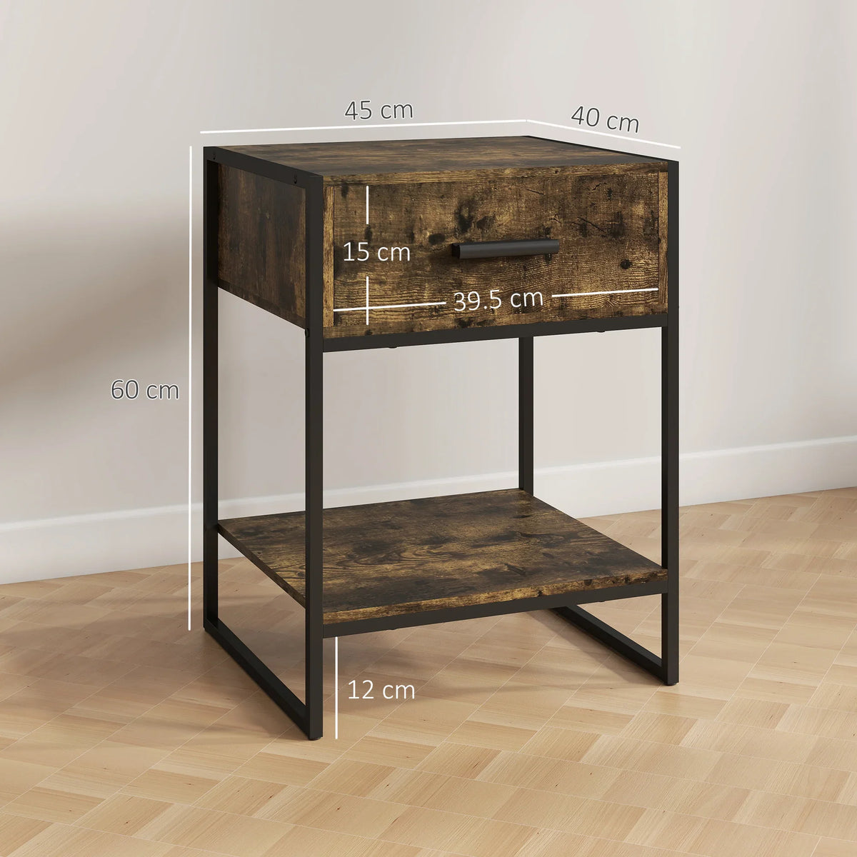 Bedside table with drawer and bottom shelf, rustic brown top, black metal frame