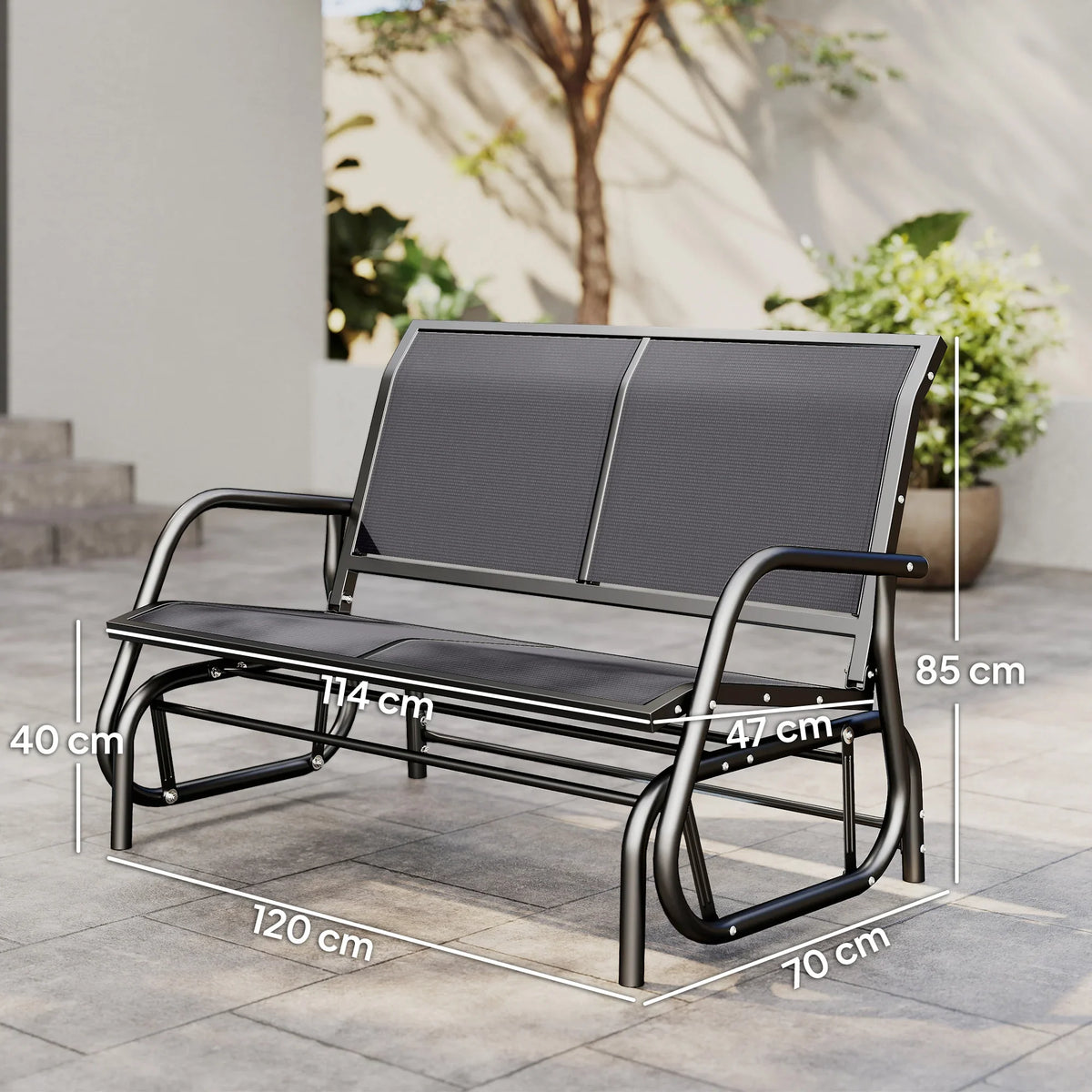 Two-person outdoor glider loveseat with dark grey mesh seat and curved steel arm supports