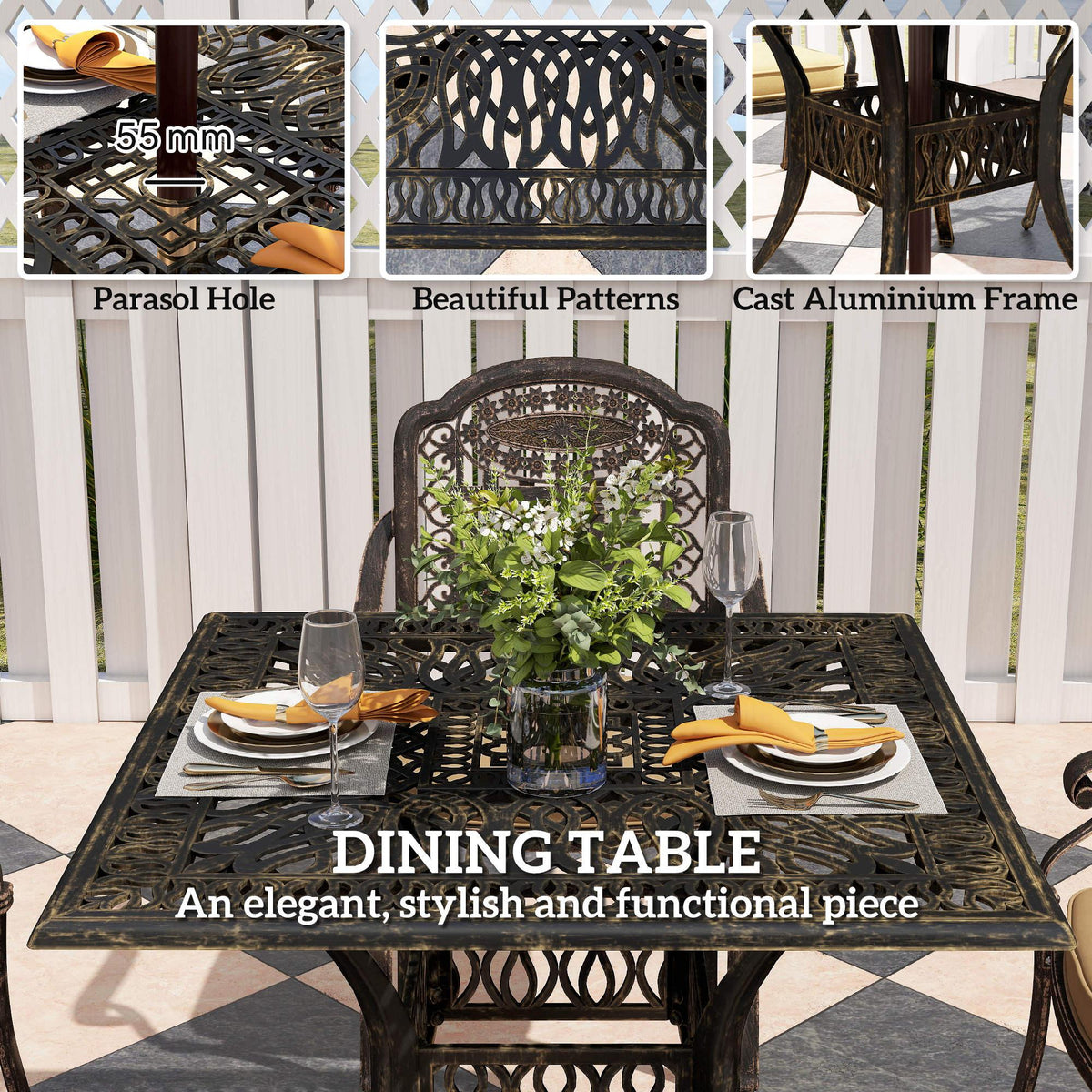 Bronze dining table with floral grid top, parasol hole, ornate cast aluminum frame