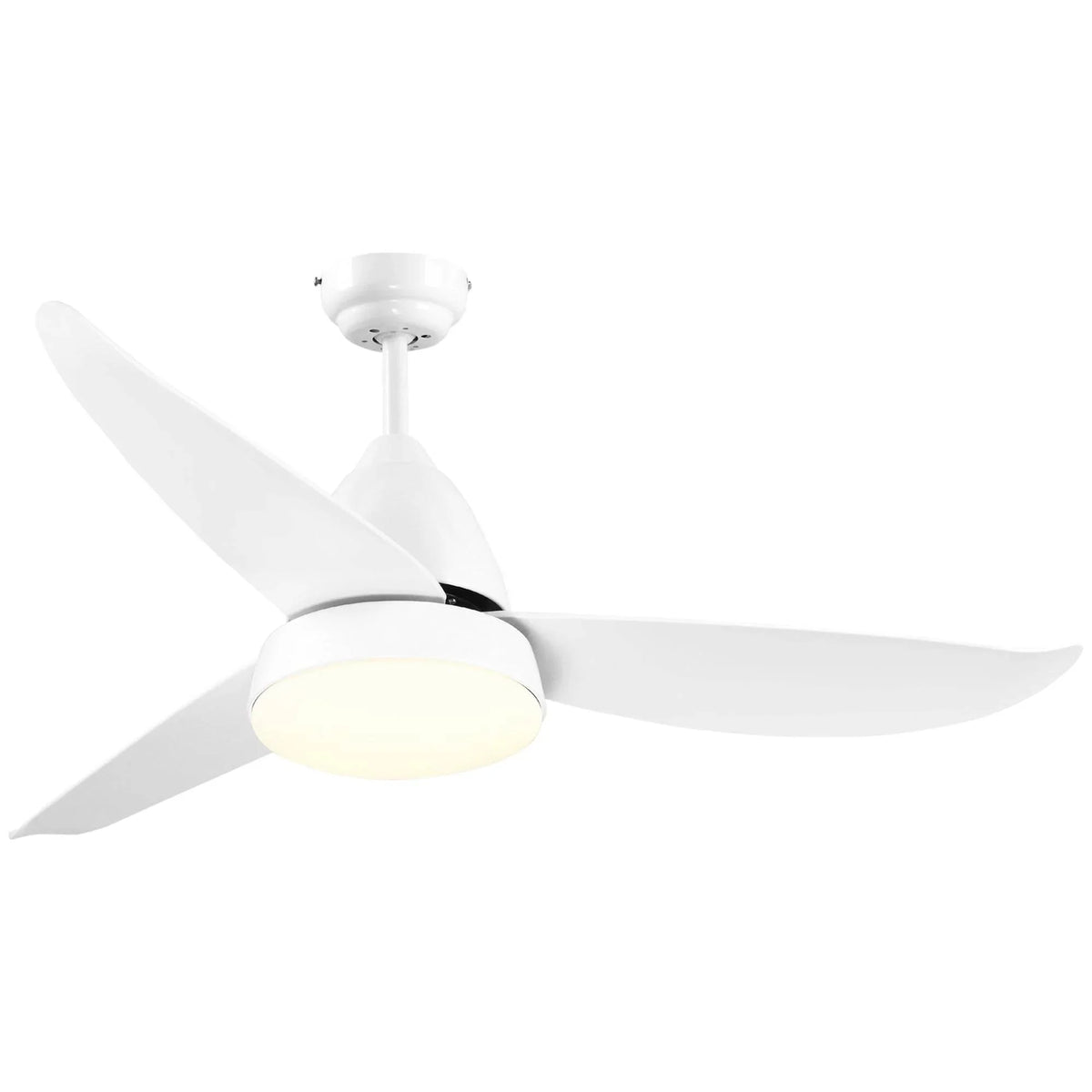 White 3-blade LED ceiling fan with frosted light dome and white motor housing