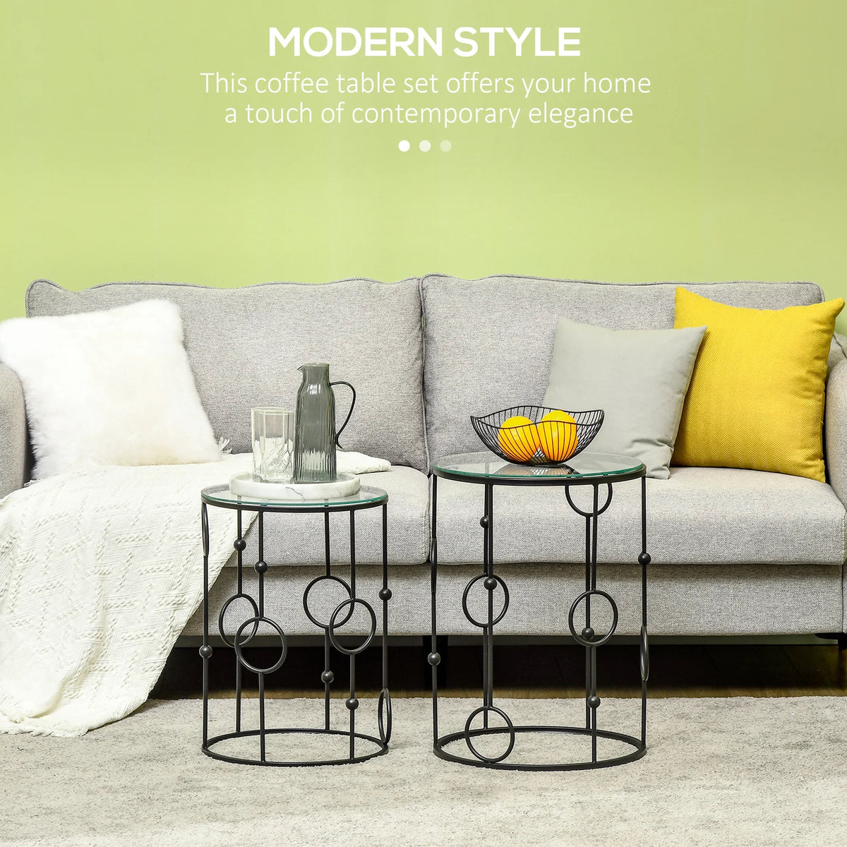 Black round nesting coffee tables set of 2 with tempered glass tops, side-by-side