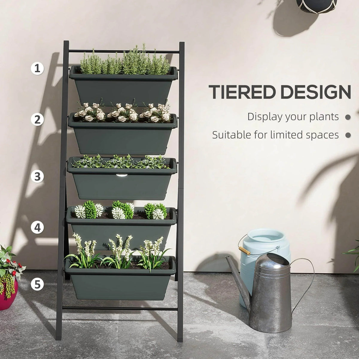 Grey 5-tier vertical plant stand with five grey raised planter boxes