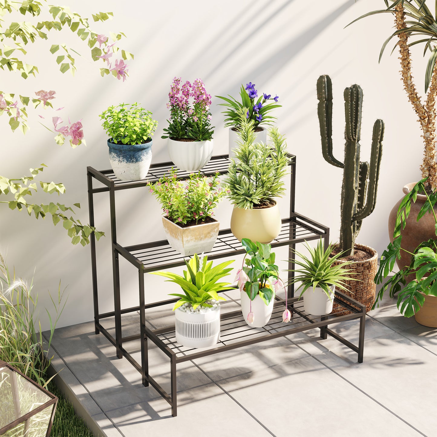 Outsunny Three Tier Metal Plant Shelf Stand Black Indoor Outdoor Garden Tiered Plant Organizer With Slatted Shelves