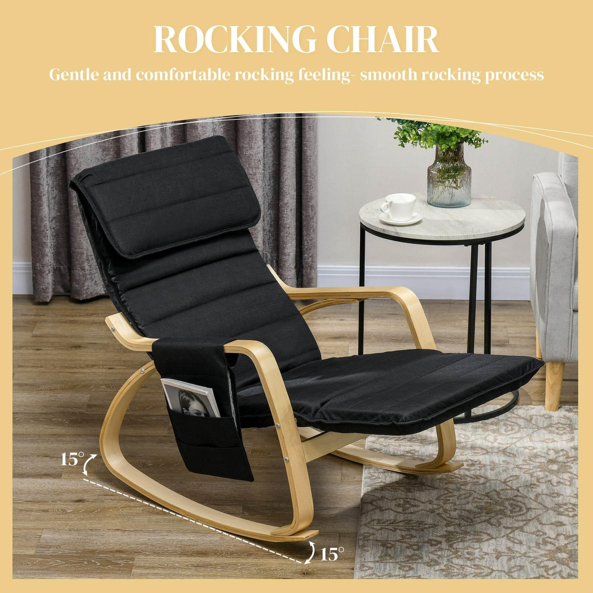 Black rocking lounge chair with pillow, angled back, and side storage pocket