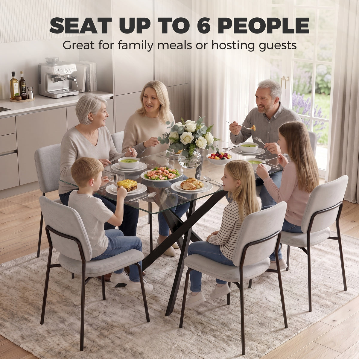 Tempered glass dining table seating up to six with black X steel frame
