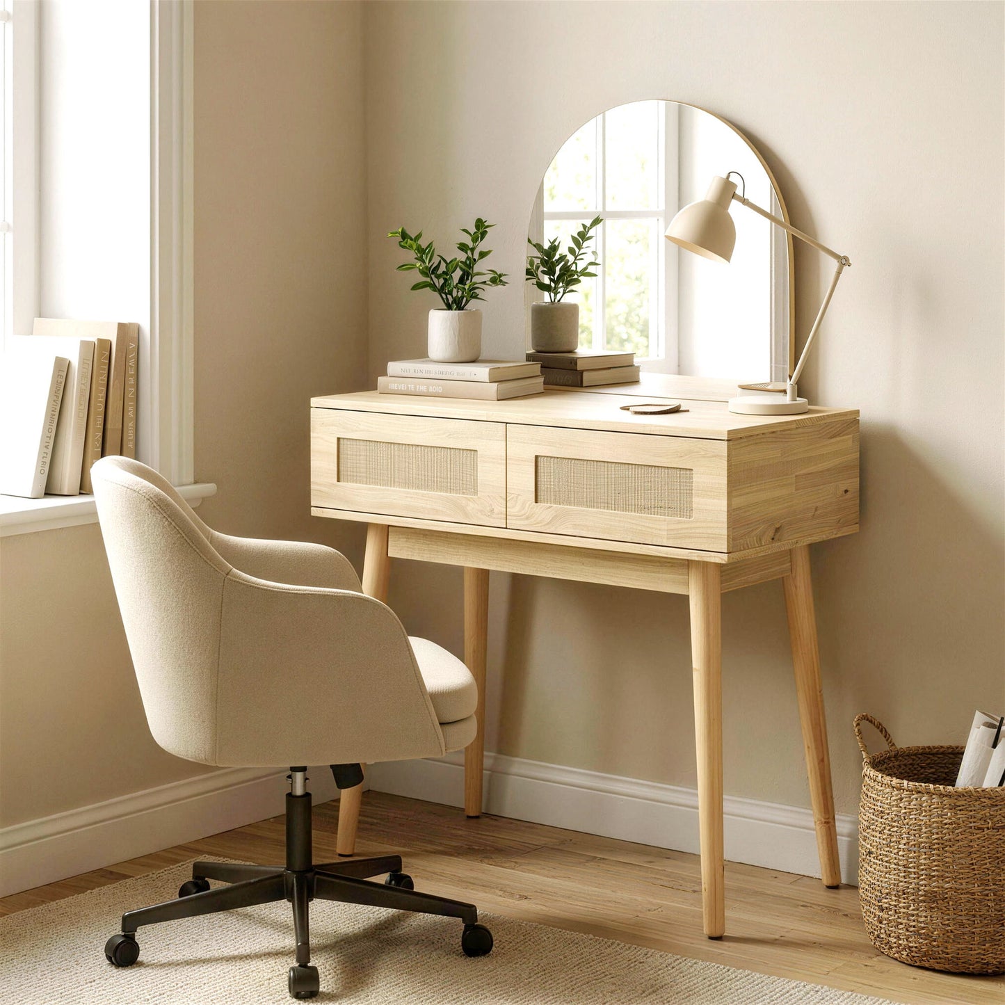 HOMCOM Compact Dressing Table Vanity Desk With Mirror And Two Drawers Natural Wood Finish