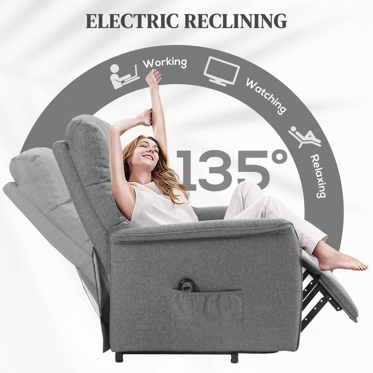 Gray fabric electric reclining chair with 135° recline graphic and side view.