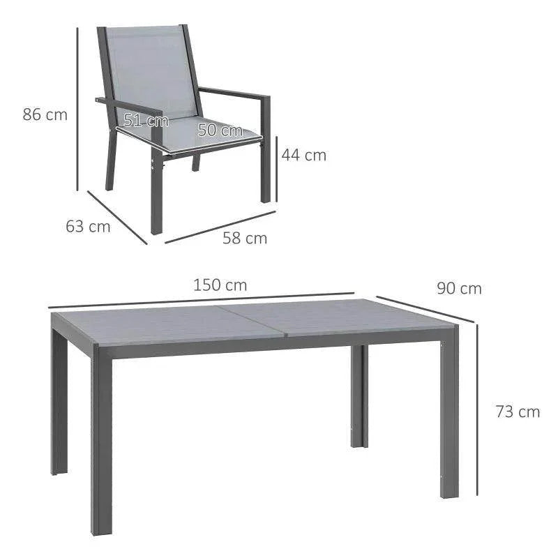 Light grey dining table and armchair dimension diagram with labeled measurements