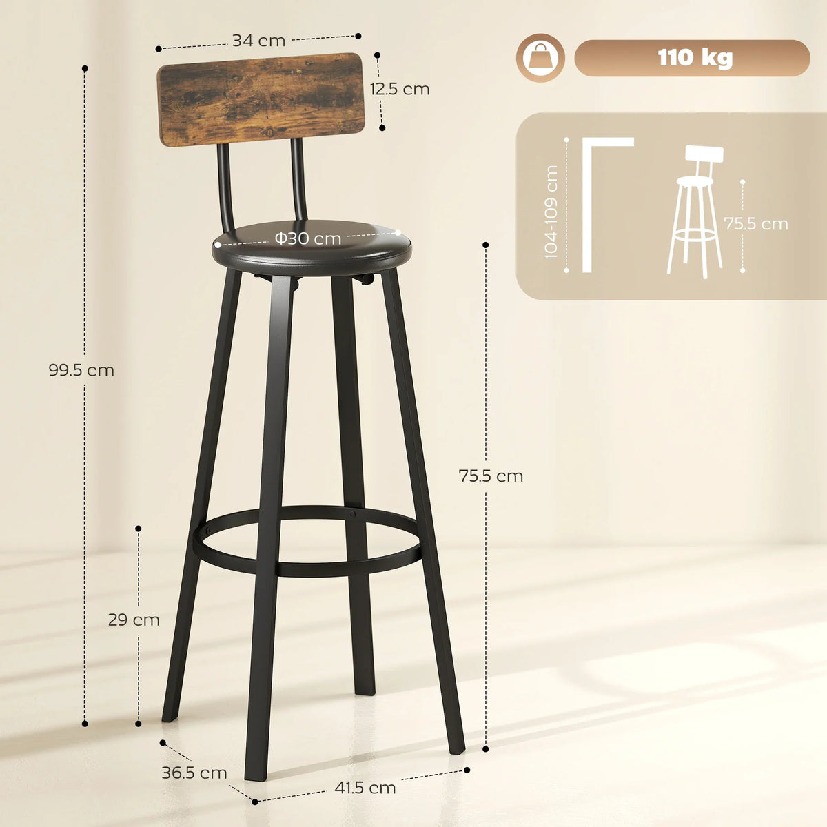 Black metal bar stool with dark wood back panel, round padded seat, circular footrest