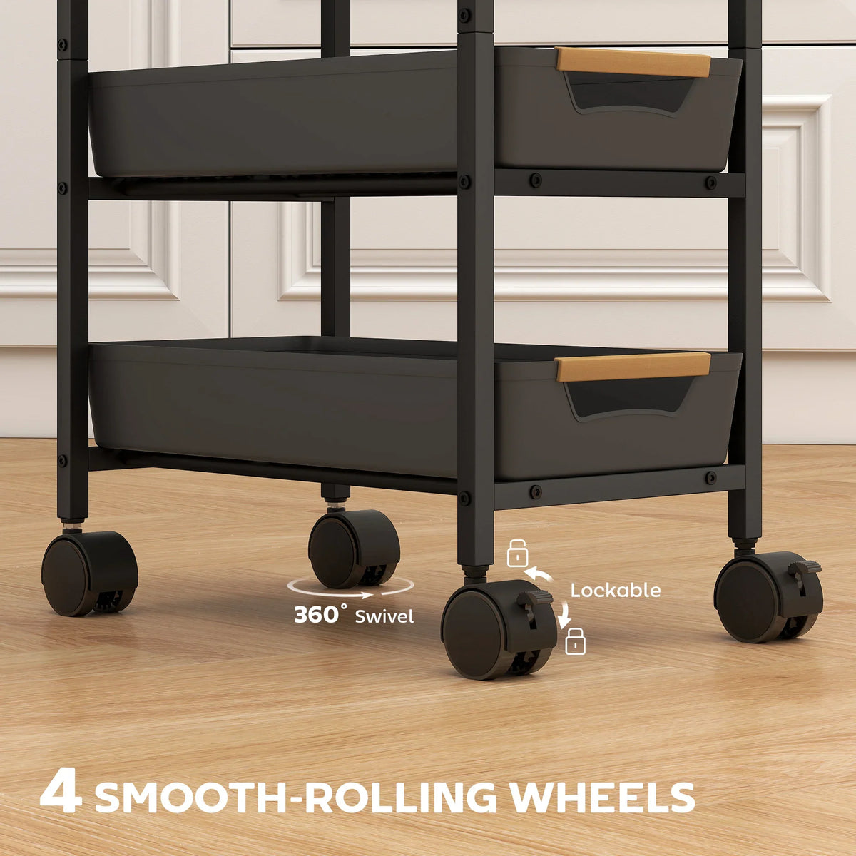 Black rolling trolley base with caster wheels, 5-tier shelving, and wood-effect top.