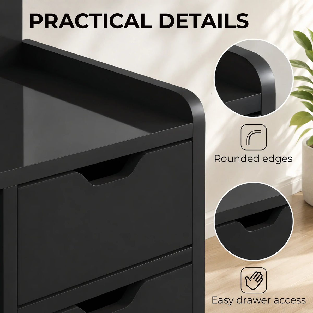 Black bedside table with rounded edges and easy-access drawer handle openings.