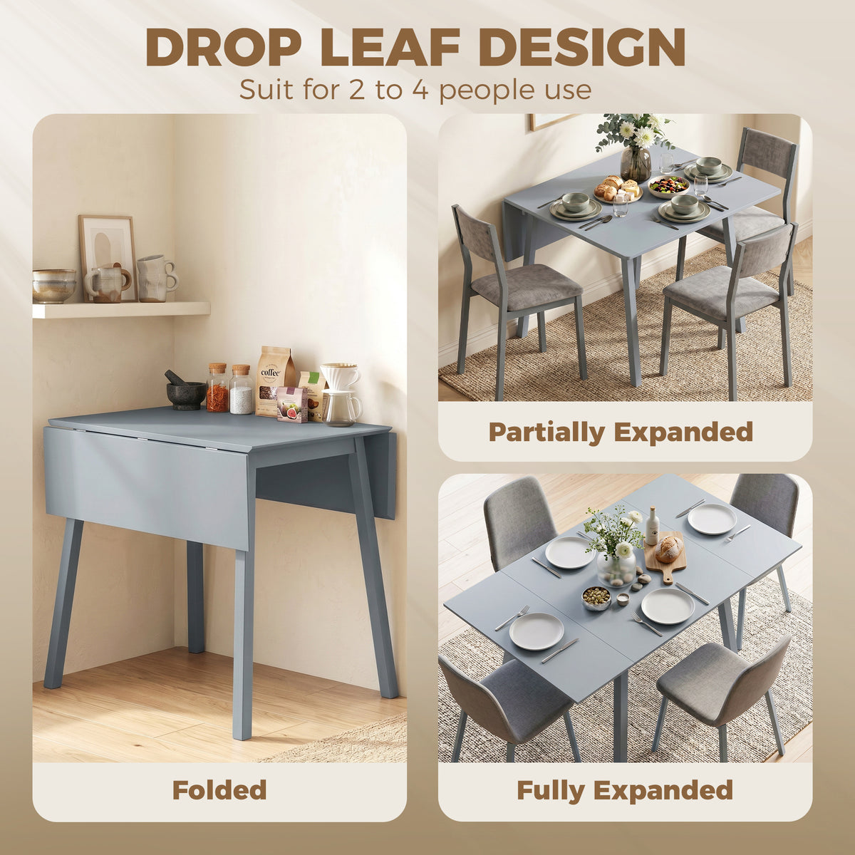 Gray drop-leaf folding dining table in folded and expanded views with chair set