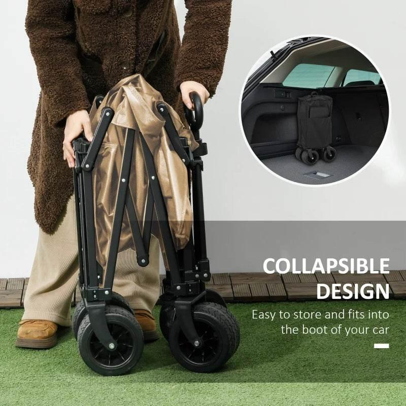 Khaki folding garden wagon cart with carry bag held by an adult, black frame and wheels