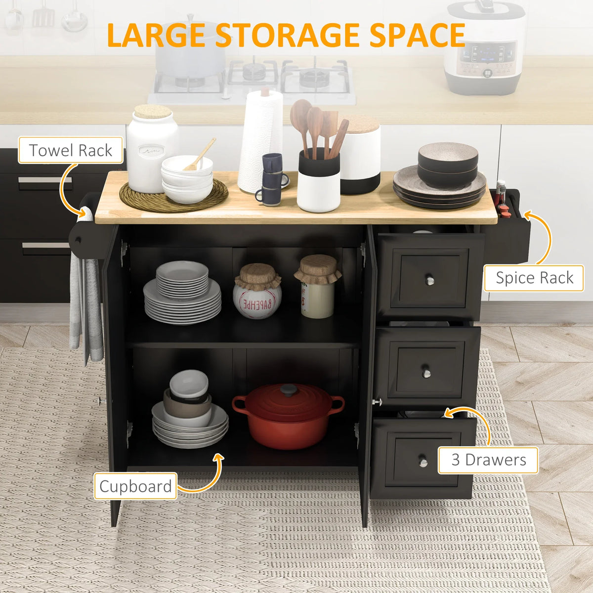 Rolling kitchen island with open storage shelves and three pull-out drawers