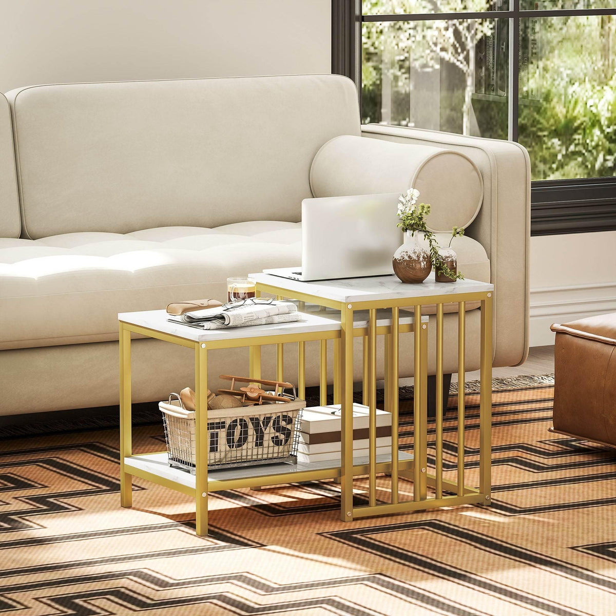 Nesting coffee table set with faux marble tops and gold steel frames