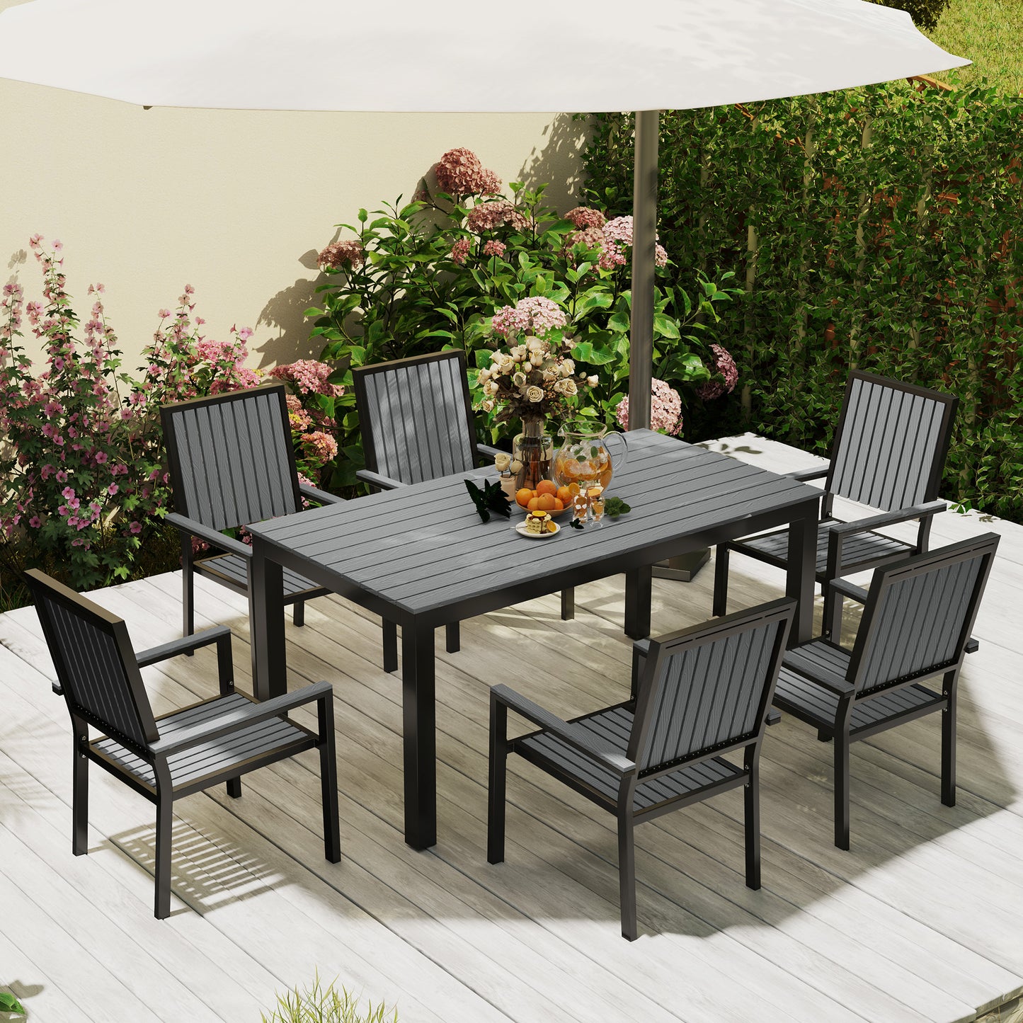 Outsunny 6 Seater Garden Dining Set With Stackable Chairs Aluminium Frame Rectangular Plastic Top Outdoor Patio Grey